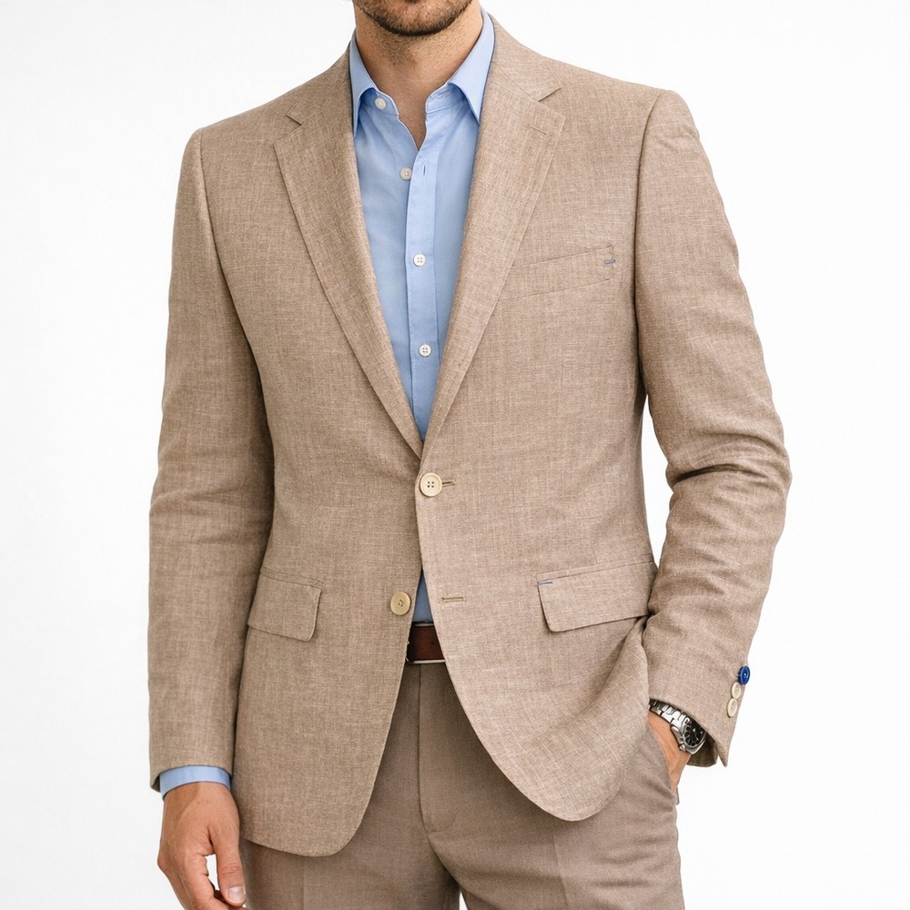 Parc 81 Mens Linen Blazer Size L Beige Tan 2 Button Summer Sport Coat Slim Fit